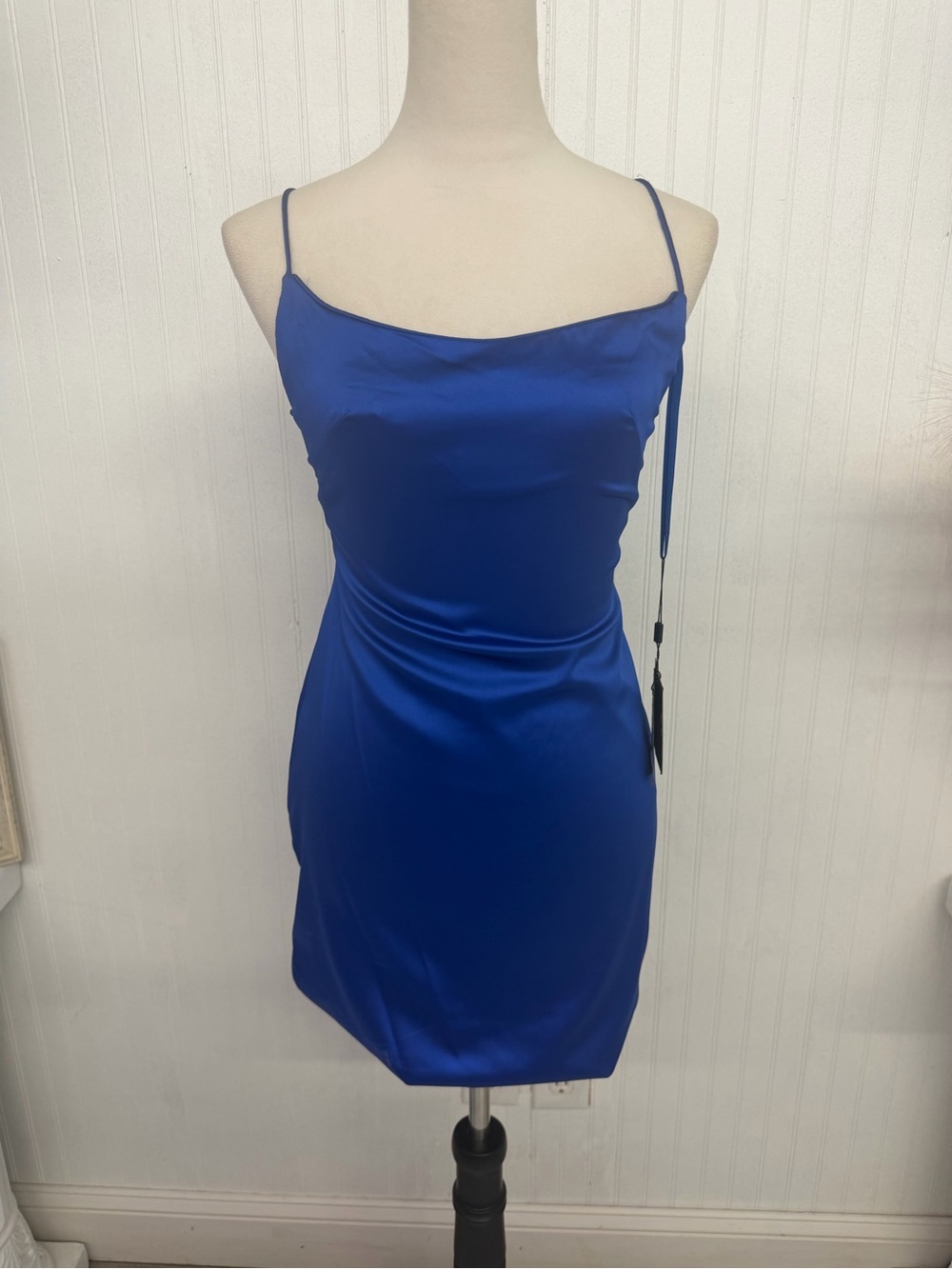 Mac Duggal Satin Cowl Mini Dress in Blue
